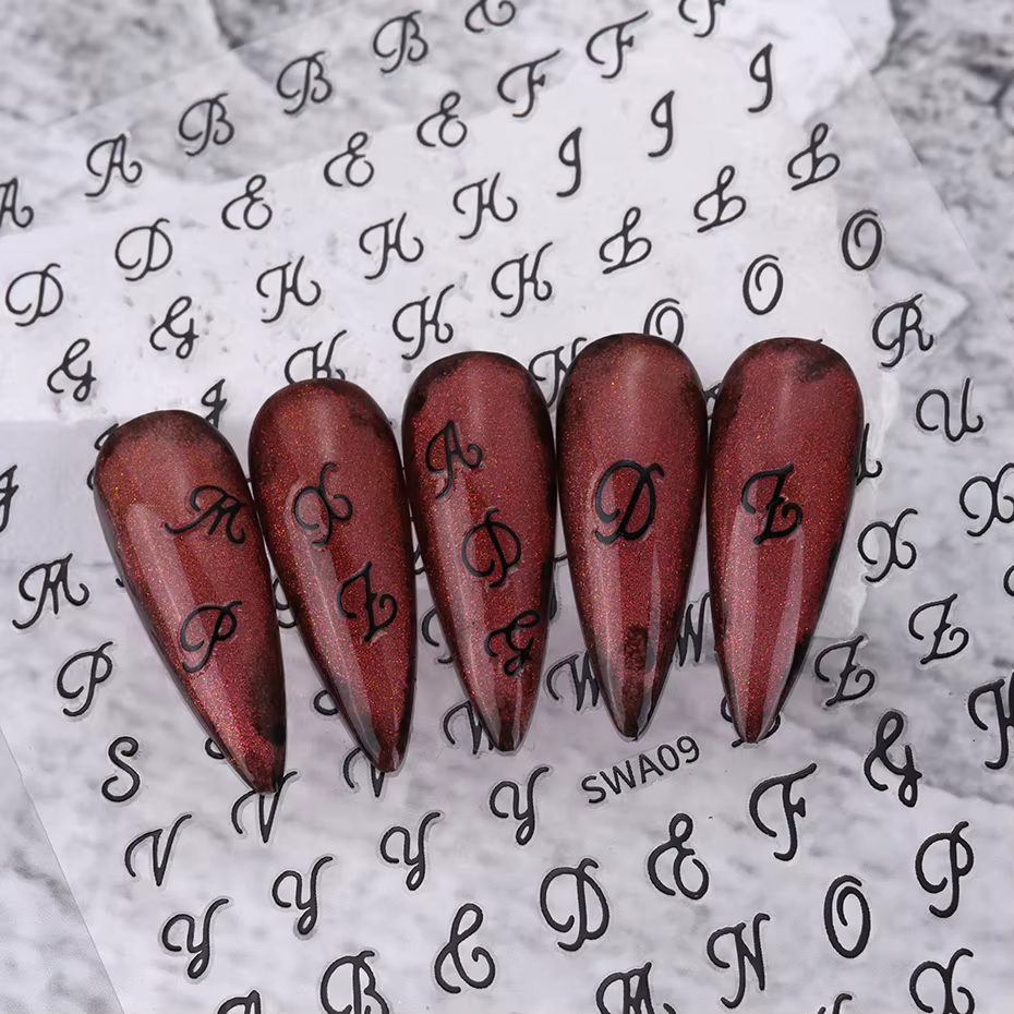 Autocollants pour ongles avec lettres romaines, 4 pièces, doré, argent, noir, blanc, Design Alphabet