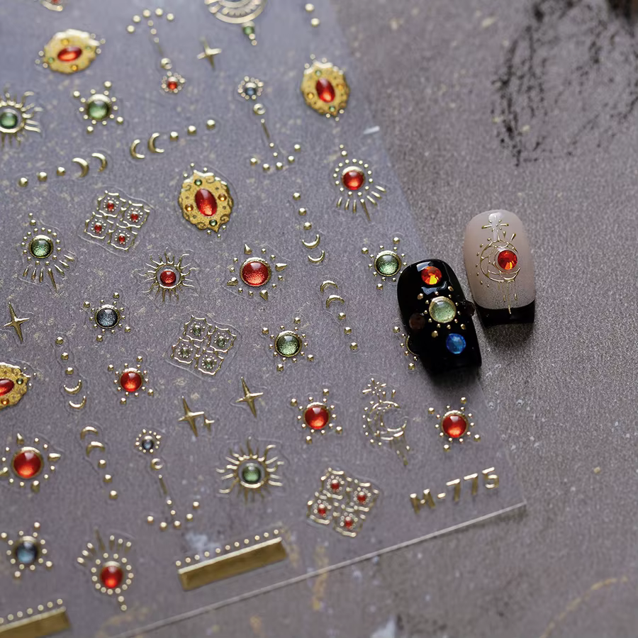 Autocollants pour Nail Art 5D, sceptre doré élégant, magnifique pierre précieuse de luxe, motif cour
