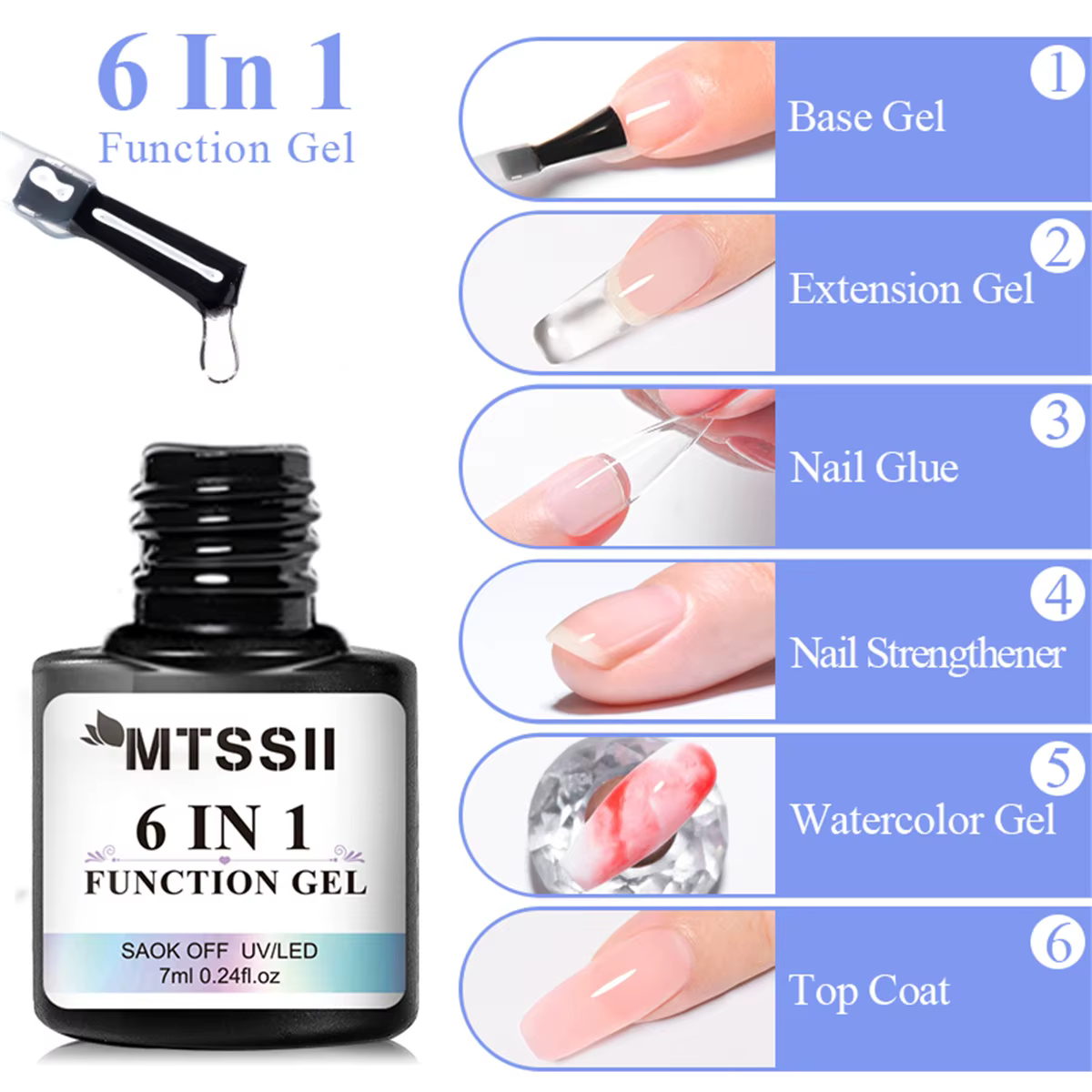 Gel de colle pour ongles 6 en 1, pour ongles acryliques, Base à tremper, couche de finition, Extensi
