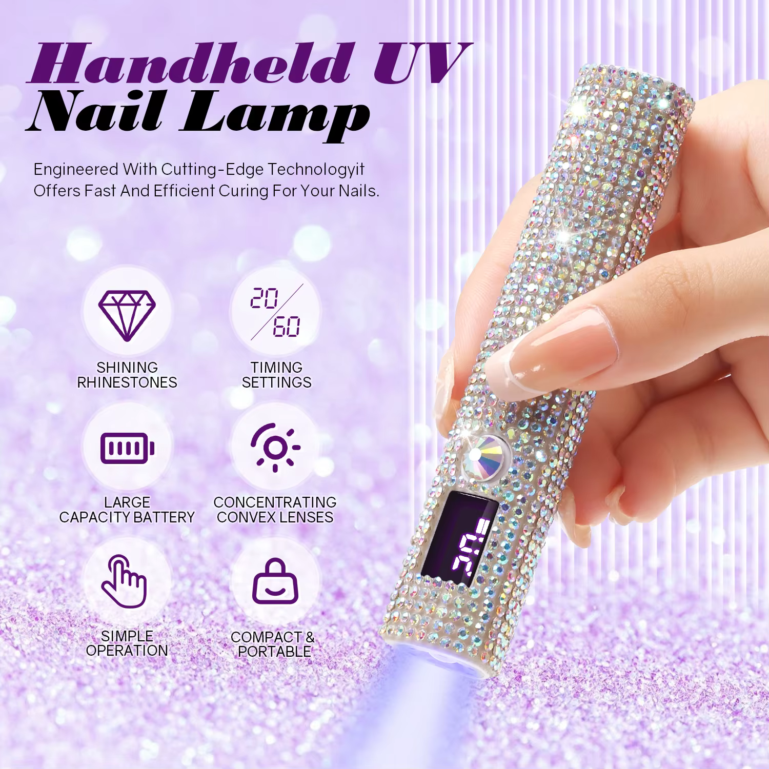 Mini lampe à ongles LED UV avec diamants, sèche-ongles portable pour durcir le vernis gel, machine d