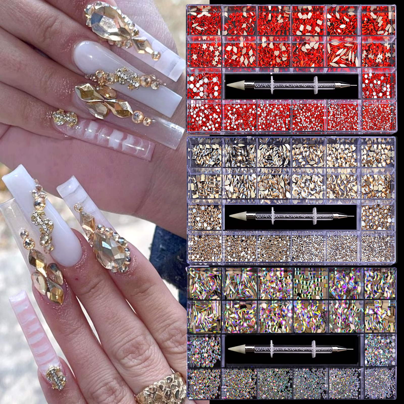 Verre de champagne rouge cristal diamant plat strass Nail Art décoration 21 grille boîte ongles acce