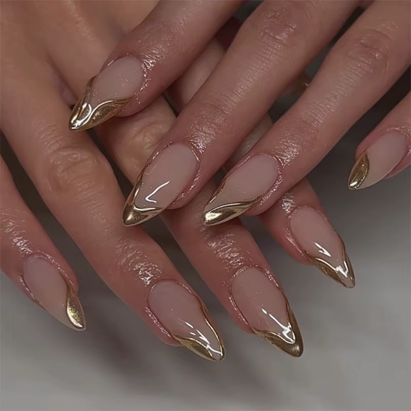 Faux ongles français à pression en forme d'amande, 24 pièces, bande de bordure dorée, couverture com