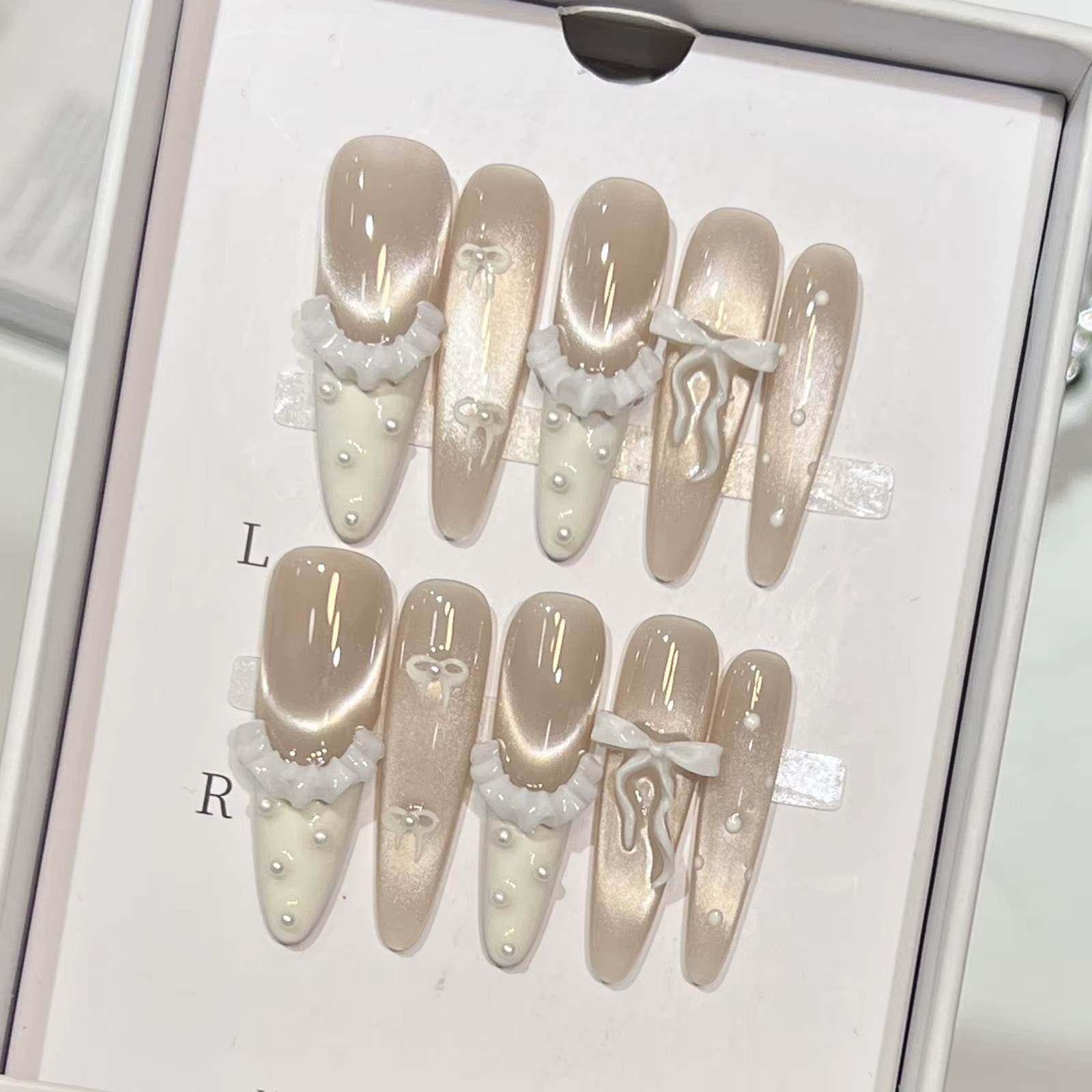 Faux ongles de danseuse de Ballet avec jupe à nœud, œil de chat brillant, à pression, pour femmes, à