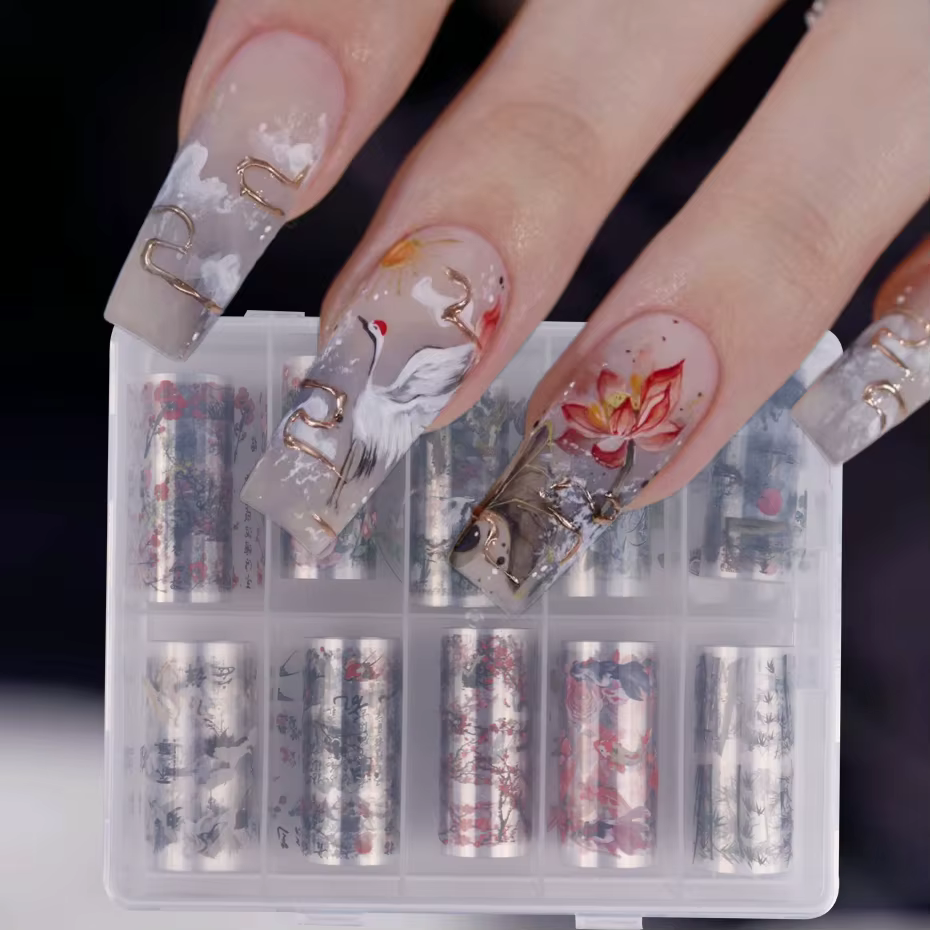 10 pièces feuilles à ongles caractère chinois grue bambou poisson fleur prune autocollant curseur tr