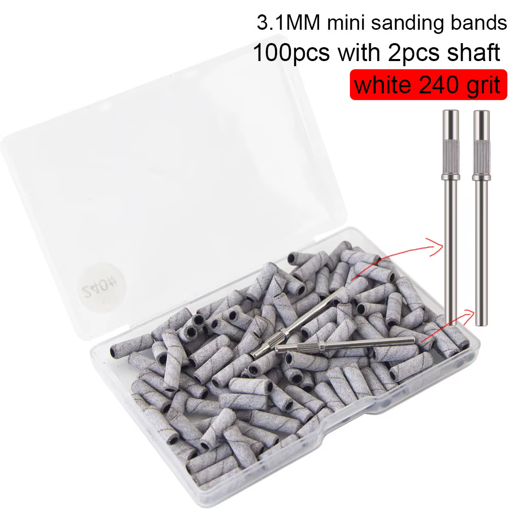 100 pièces 3.1mm Mini petites bandes de ponçage avec 2 pièces jeu d'embouts de mandrin forets à ongl