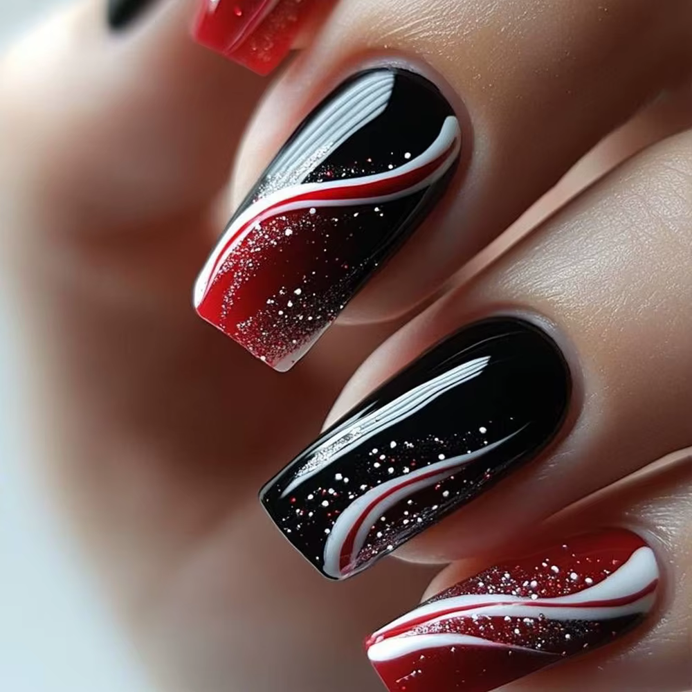 Patchs pour ongles dégradés noirs et rouges, avec colle gelée, rayures à paillettes simples français