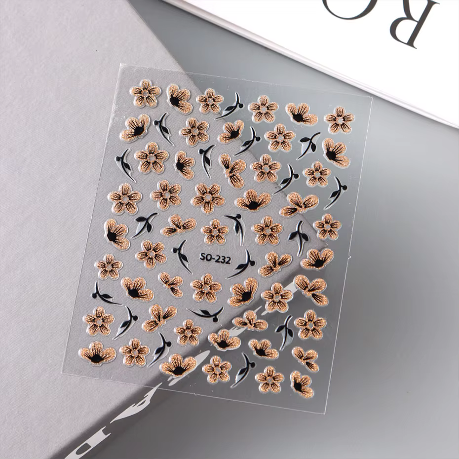 Autocollant 3D pour ongles, 2 pièces, noir, or, paillettes, fleur, pétales brillants, feuilles, Nail