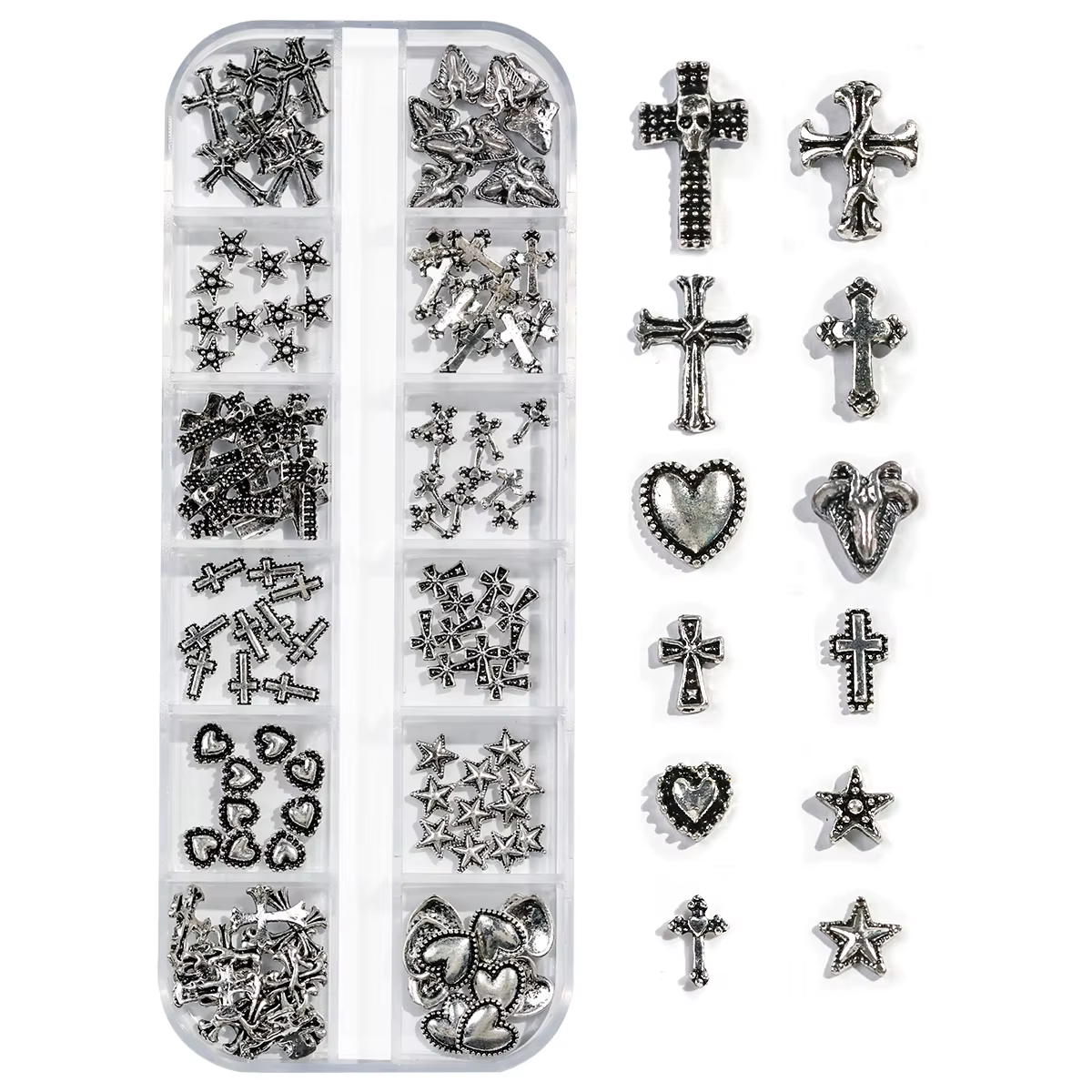 Boîte de 12 grilles Vintage en forme de croix en alliage de Zinc, bijoux pour ongles, fournitures en