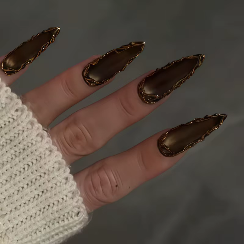 24 faux ongles longs en métal foncé style punk, effet œil de chat 3D marron