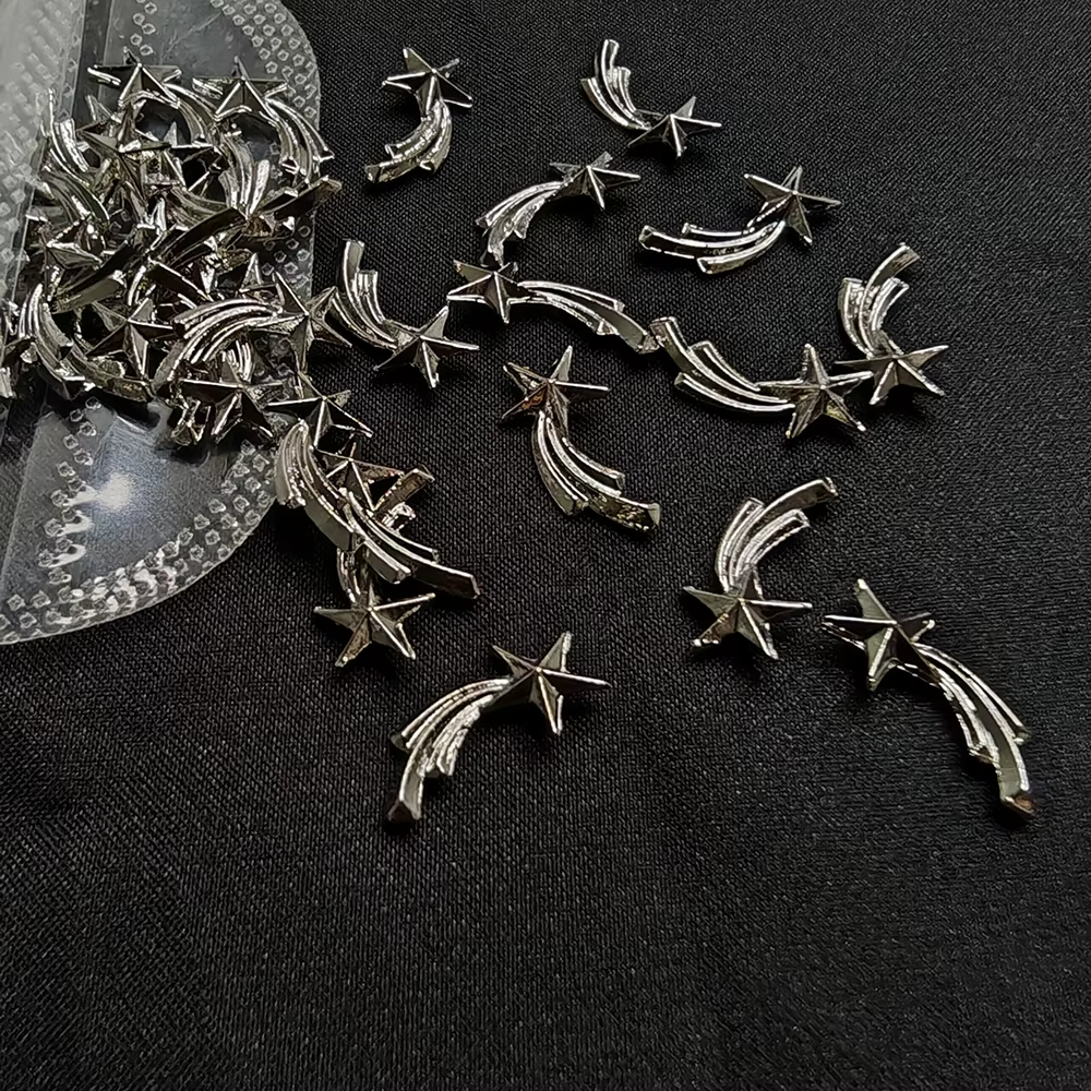 Breloques étoiles argentées pour ongles, bijoux métalliques 3D, gemmes météores évidées, décorations