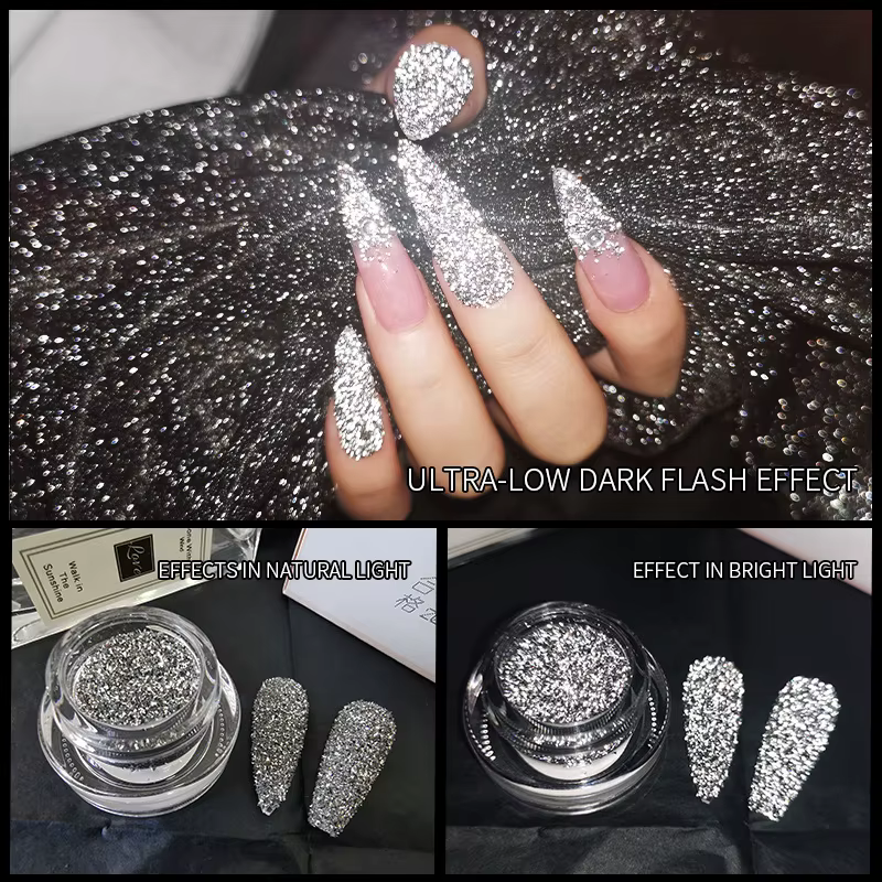 Poudre de paillettes pour ongles, diamant réfléchissant brillant, argent holographique, Micro perceu