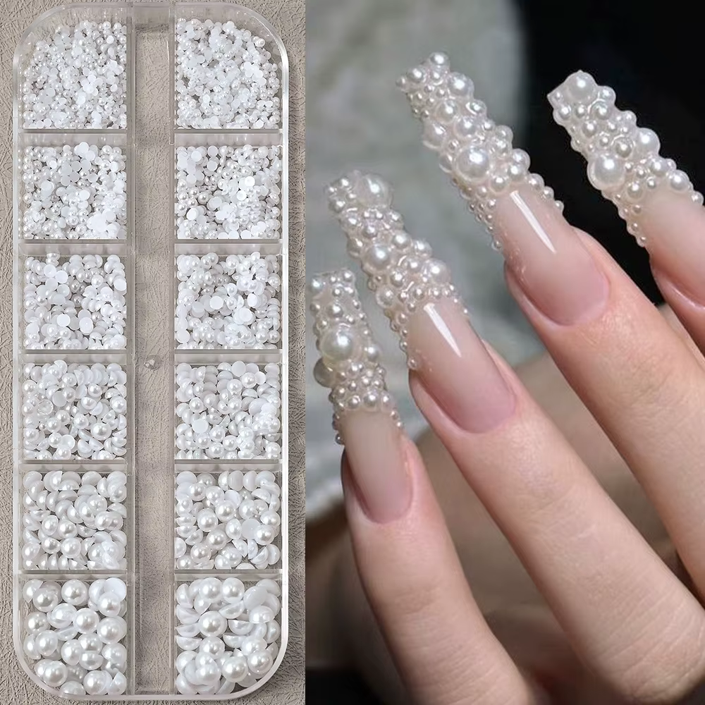 Ensemble de 12 boîtes de breloques pour ongles en perles japonaises, 1.5-5mm, strass 3D mixtes compl