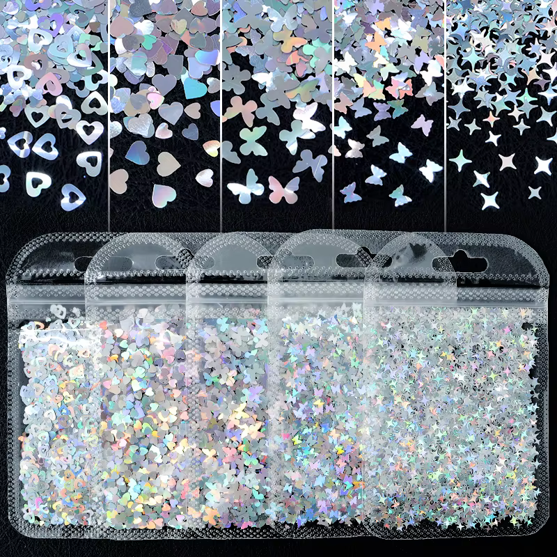 Paillettes holographiques Laser argentées pour Nail Art, flocons papillon amour coeur lettre paillet