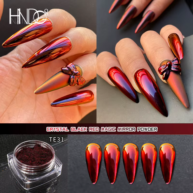 HNDO rouge-noir dégradé de couleurs miroir pour ongles poudre chromée paillettes caméléon manucure p
