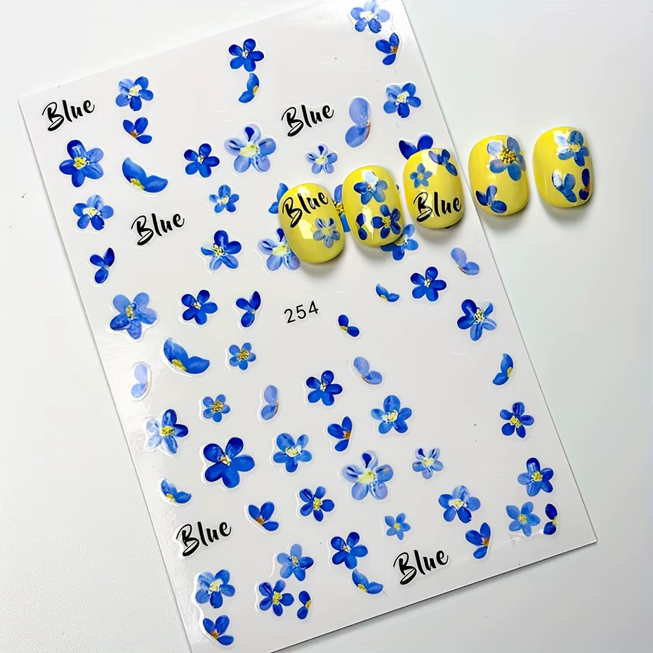 Autocollants pour ongles 3D fleurs de couleur d'eau bleue, 2 pièces, pétales adhésifs Kawaii, curseu