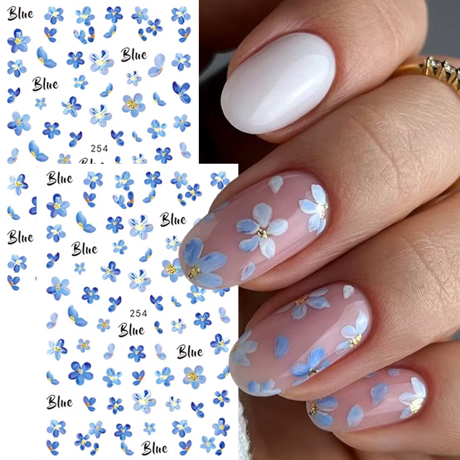 Autocollants pour ongles 3D fleurs de couleur d'eau bleue, 2 pièces, pétales adhésifs Kawaii, curseu