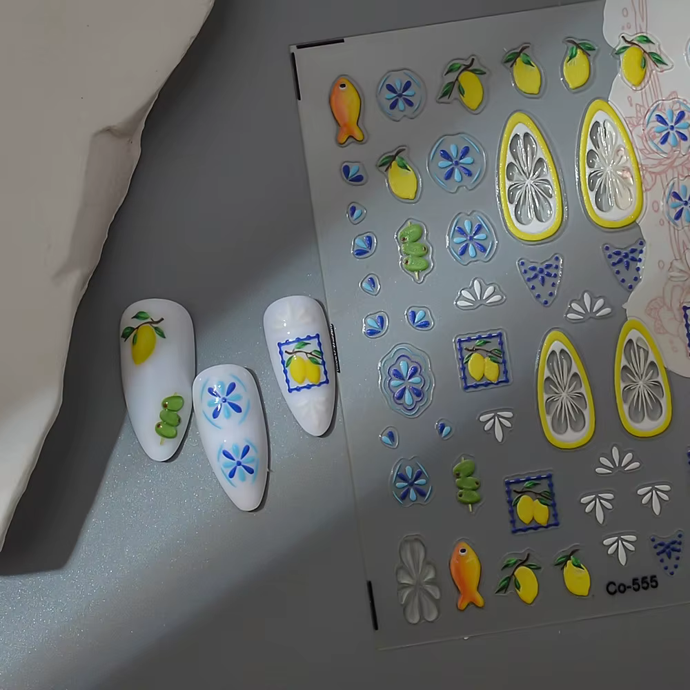 Autocollants pour ongles motif citron, designs bohèmes français, fournitures de manucure auto-adhési