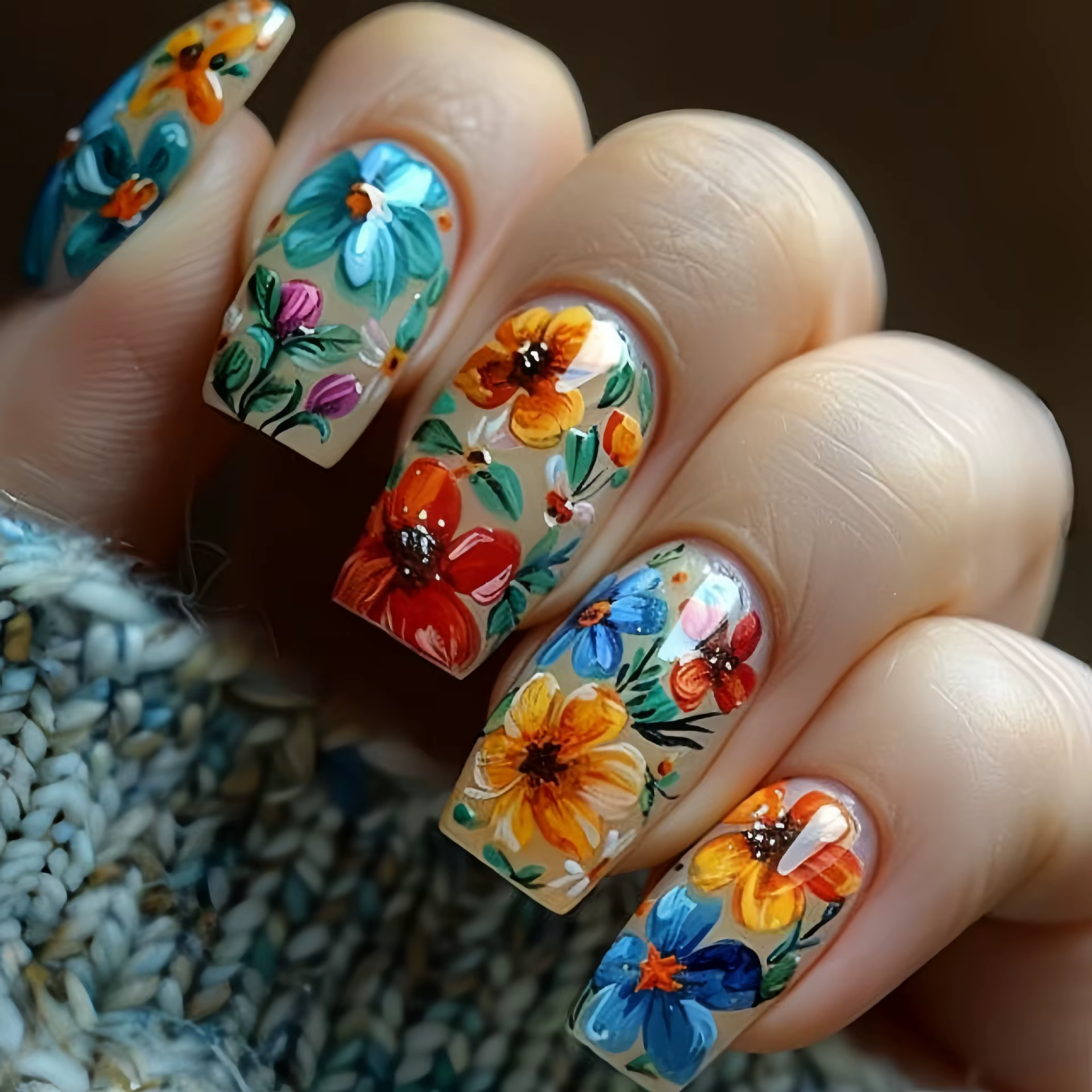 Faux ongles en acrylique, 24 pièces/ensemble, courts, moyens et longs, fleurs de printemps, pour la