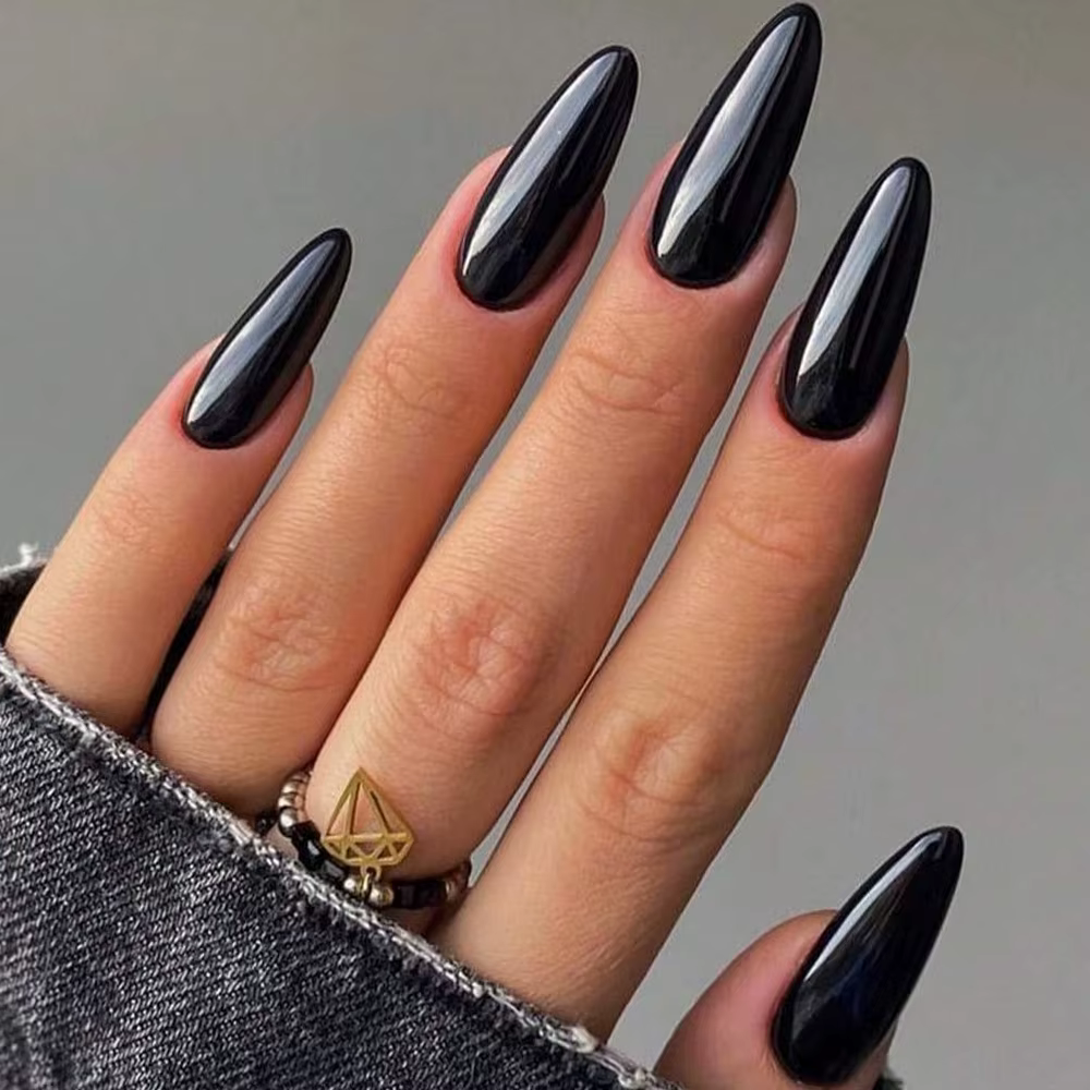 100 faux ongles en amande à presser, longueur moyenne, noirs mats, pour extension d'ongles artificie