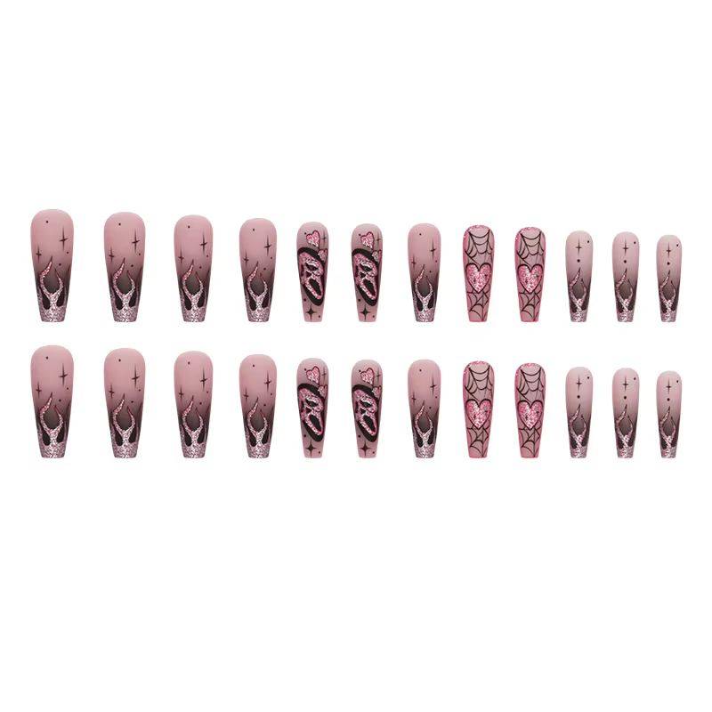 Faux ongles à paillettes roses, 24 pièces, Patch effrayant, crâne, amour, cœur, motif, ongles artifi