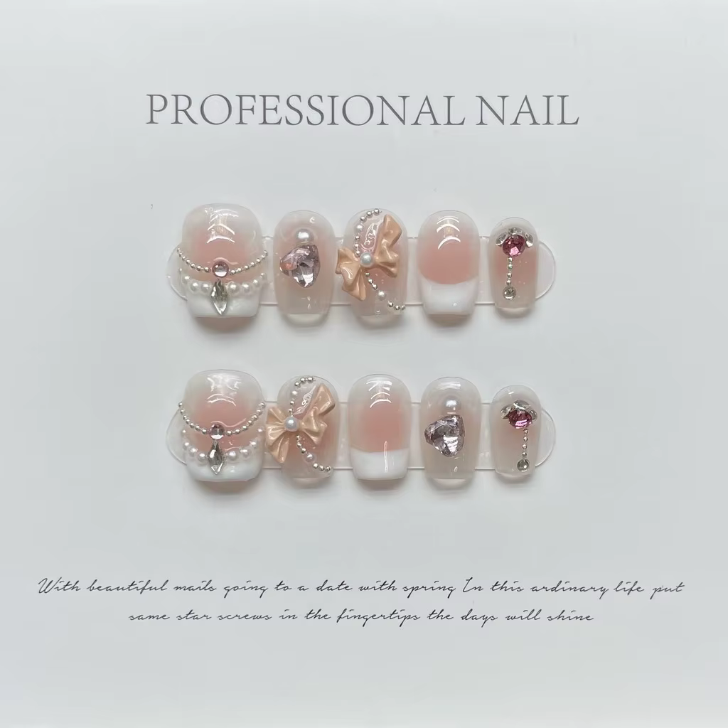 Faux ongles courts et mignons, faits main, avec nœud et effet flash, style manucure française, pour 