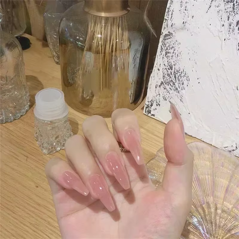 24 pièces/boîte longs cercueil faux ongles Art Rose avec colle portable nu Rose blanc couleur gelée