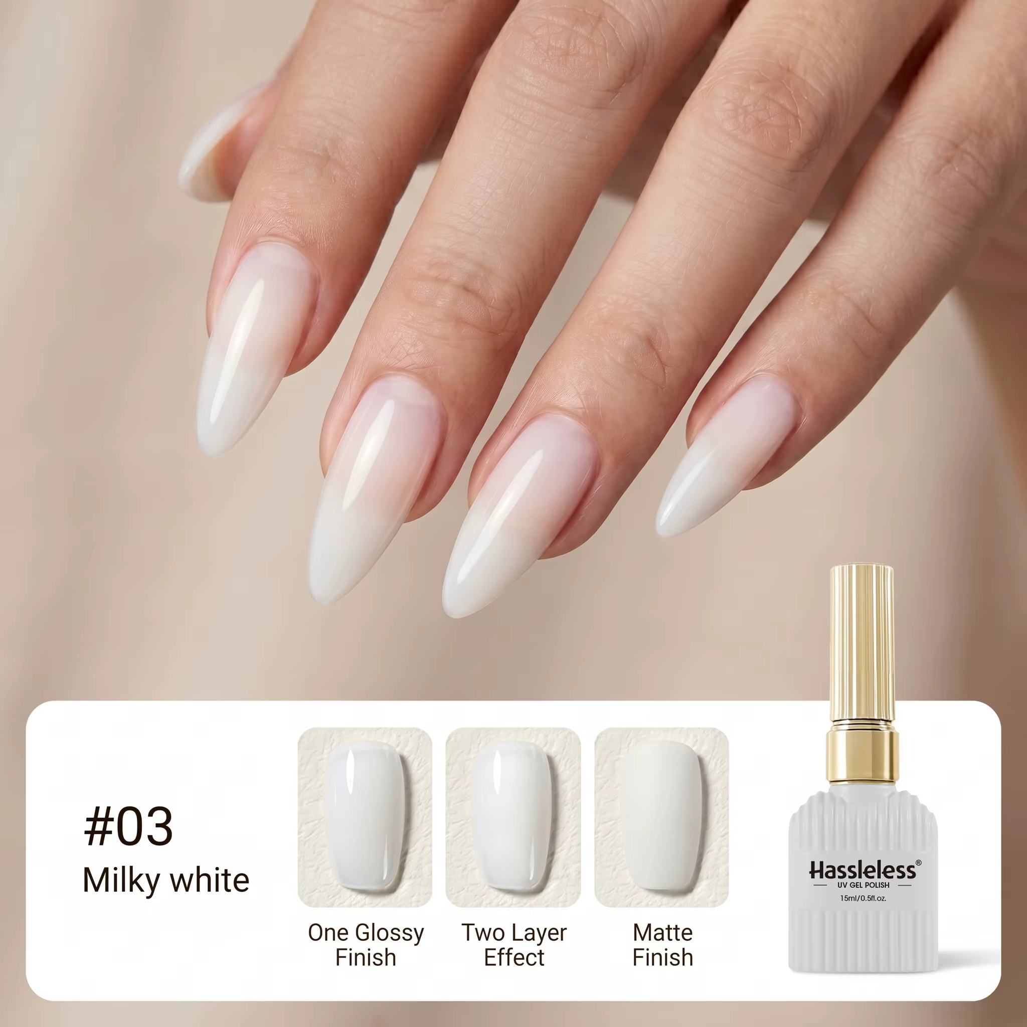 Vernis à ongles gel blanc laiteux Hassleless Sheer 15ml, UV/LED, formule qualité salon, tenue longue