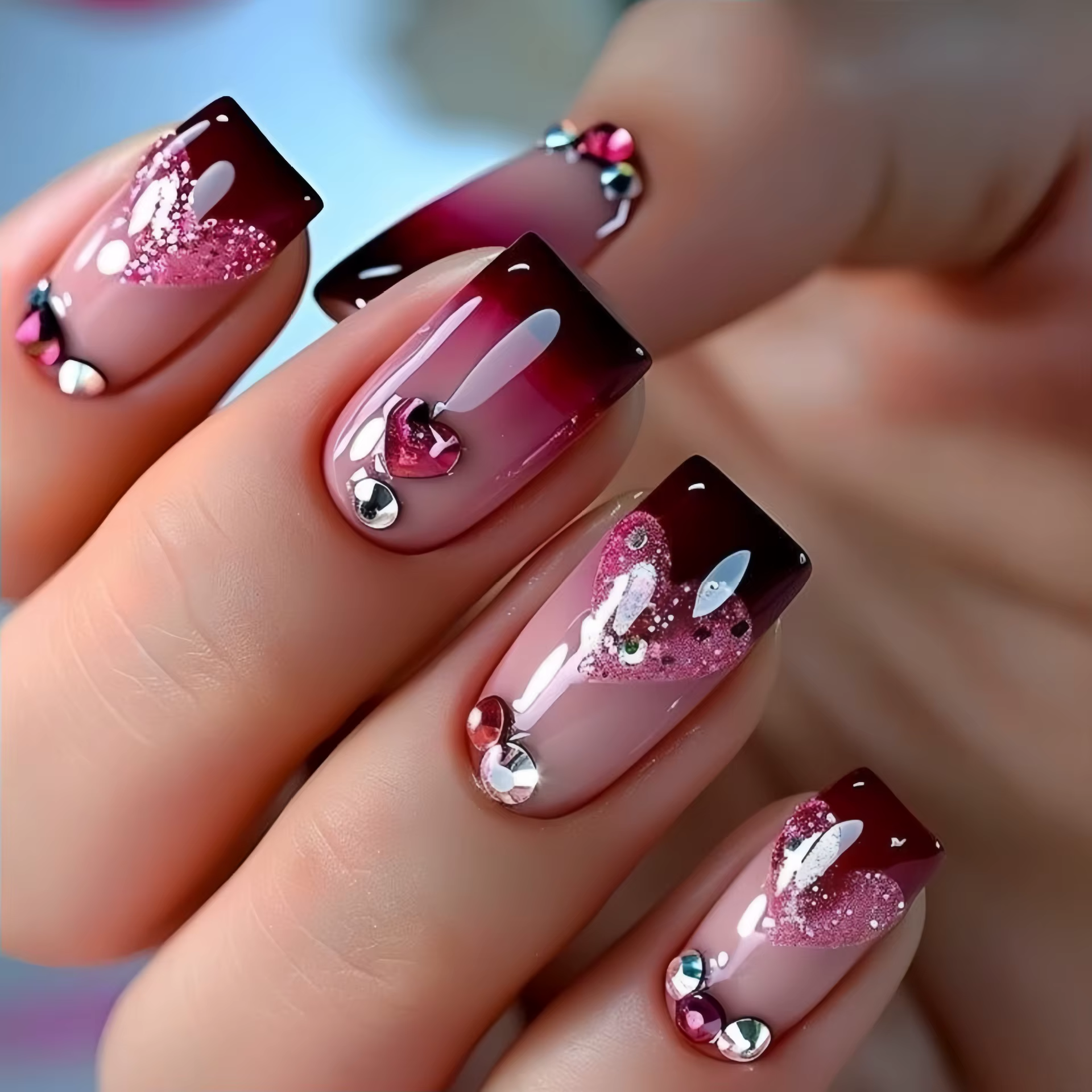 Faux ongles mi-longs avec motif de fleur en forme de cœur 3D, dégradé violet rouge, pointes de Balle