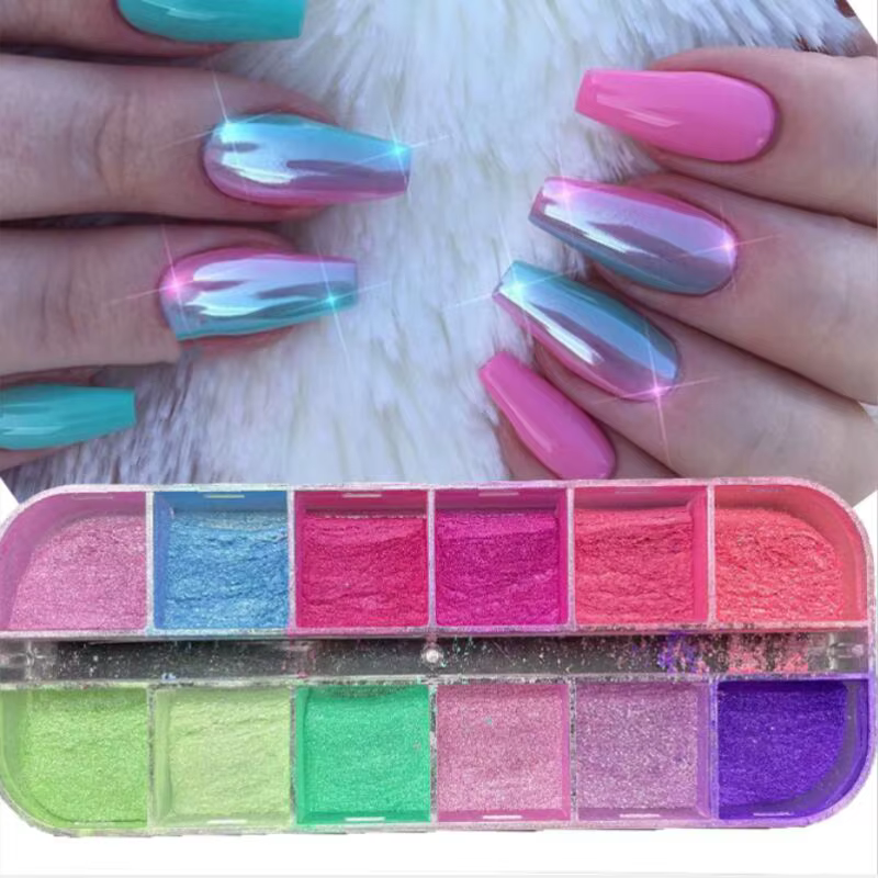 Poudre à ongles sirène effet miroir, 12 grilles, perle holographique, Pigment chromé, paillettes fin