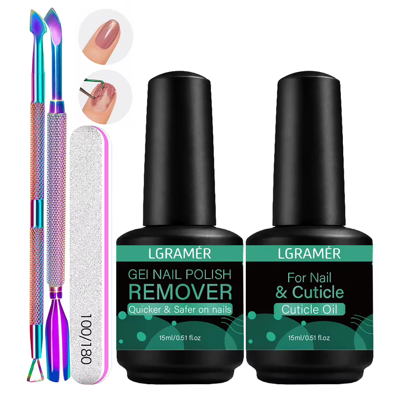 Kit de Soin des Cuticules et Dissolvant de Vernis Gel : Repousse-cuticules Métalliques Arc-en-ciel, 