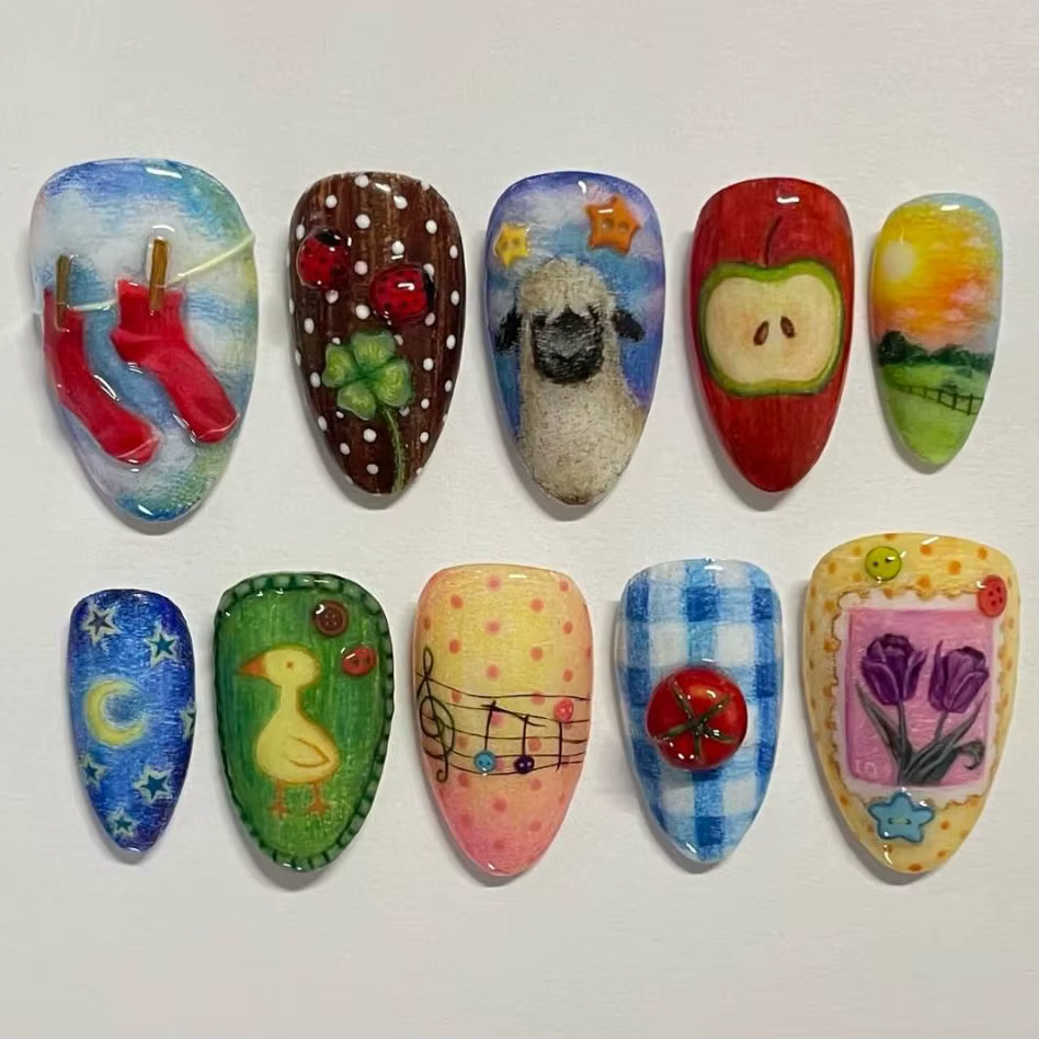 24 faux ongles en amande mi-longs à presser, style Dopamine, avec strass français, motif coccinelle,