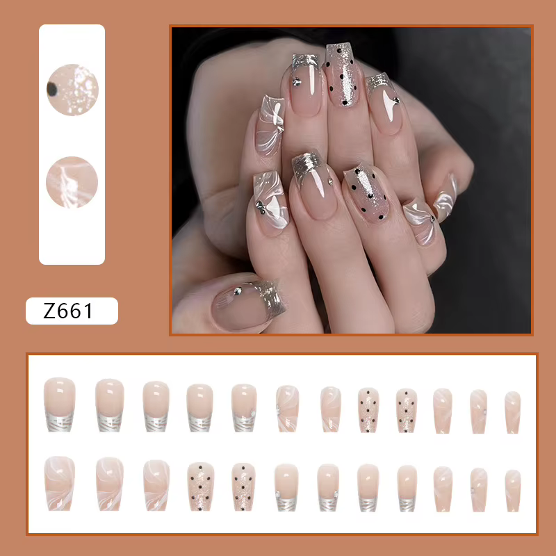 24 faux ongles argentés style français vintage, tendance printemps-été, à coller, pour filles, avec 