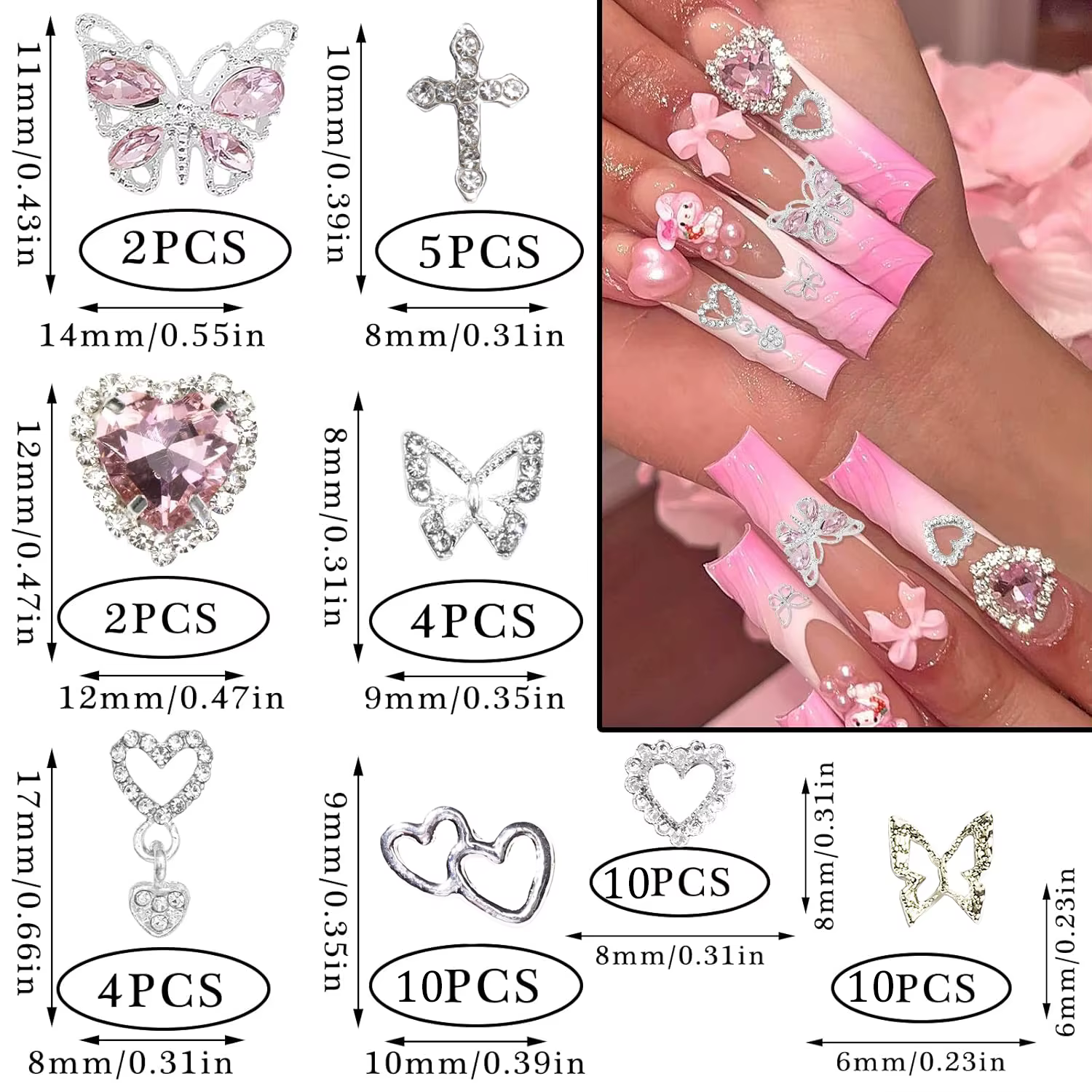 47 pièces 3D papillon ongles breloques argent croix Nail Art breloques balancent coeur breloques pou