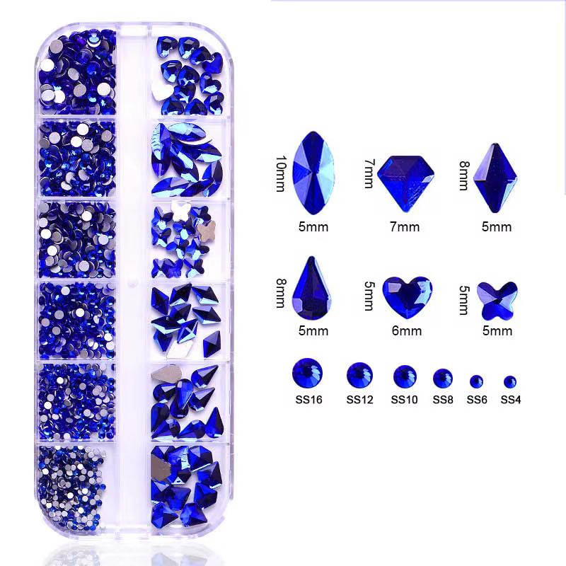 Strass pour Nail Art bleu saphir, 12 grilles, multi-formes, pierres précieuses en cristal, breloques