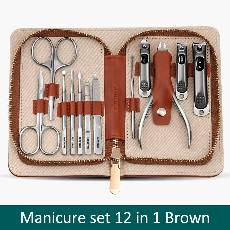 Kit de Manucure avec Coupe-Ongles Gris Morandi, Emballage en Cuir de Vache, Cadeau Parfait pour Amis