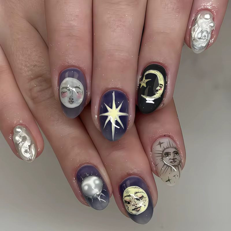 24 pièces d'ongles artificiels ovales haut de gamme, style illustration dessinée à la main, avec mot