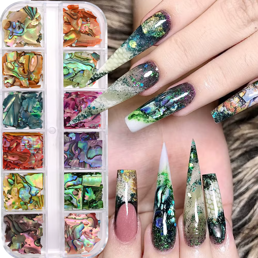 12 grilles Nail Art Aurora coquille d'ormeau flocons 3D tranches de coquille de mer irrégulières bre