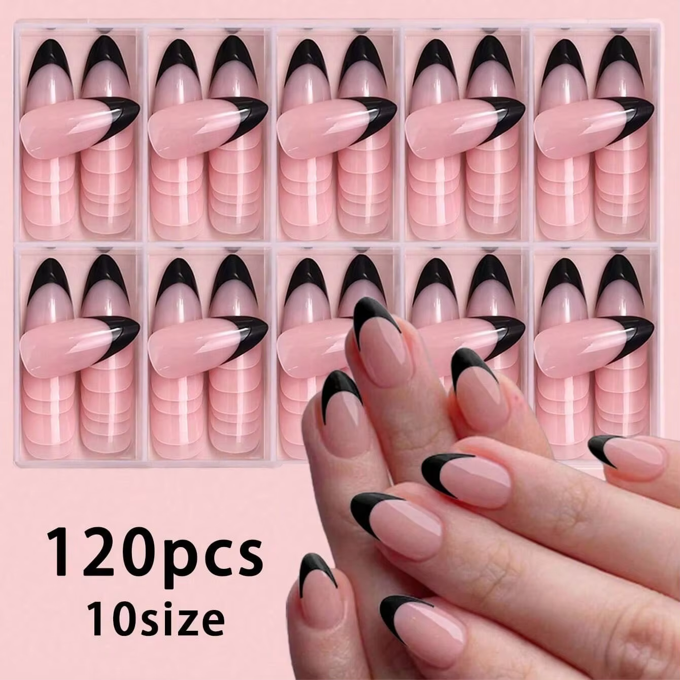 120 faux ongles noirs français, forme amande moyenne, carrés, stiletto, brillants, à presser, en acr