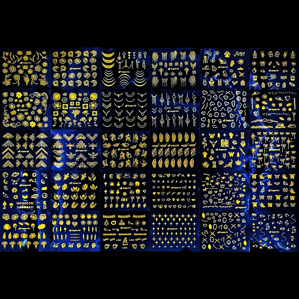 30 feuilles d'autocollants floraux dorés pour Nail Art, motifs de feuilles et de fleurs scintillante