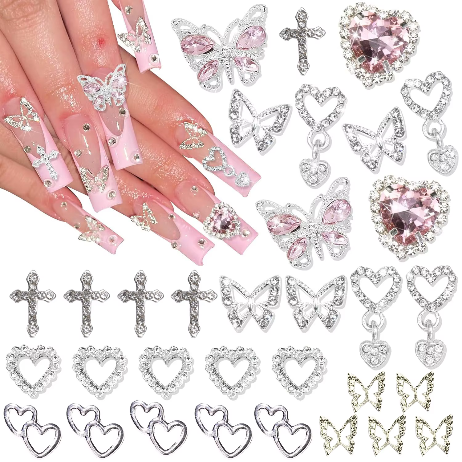 47 pièces 3D papillon ongles breloques argent croix Nail Art breloques balancent coeur breloques pou