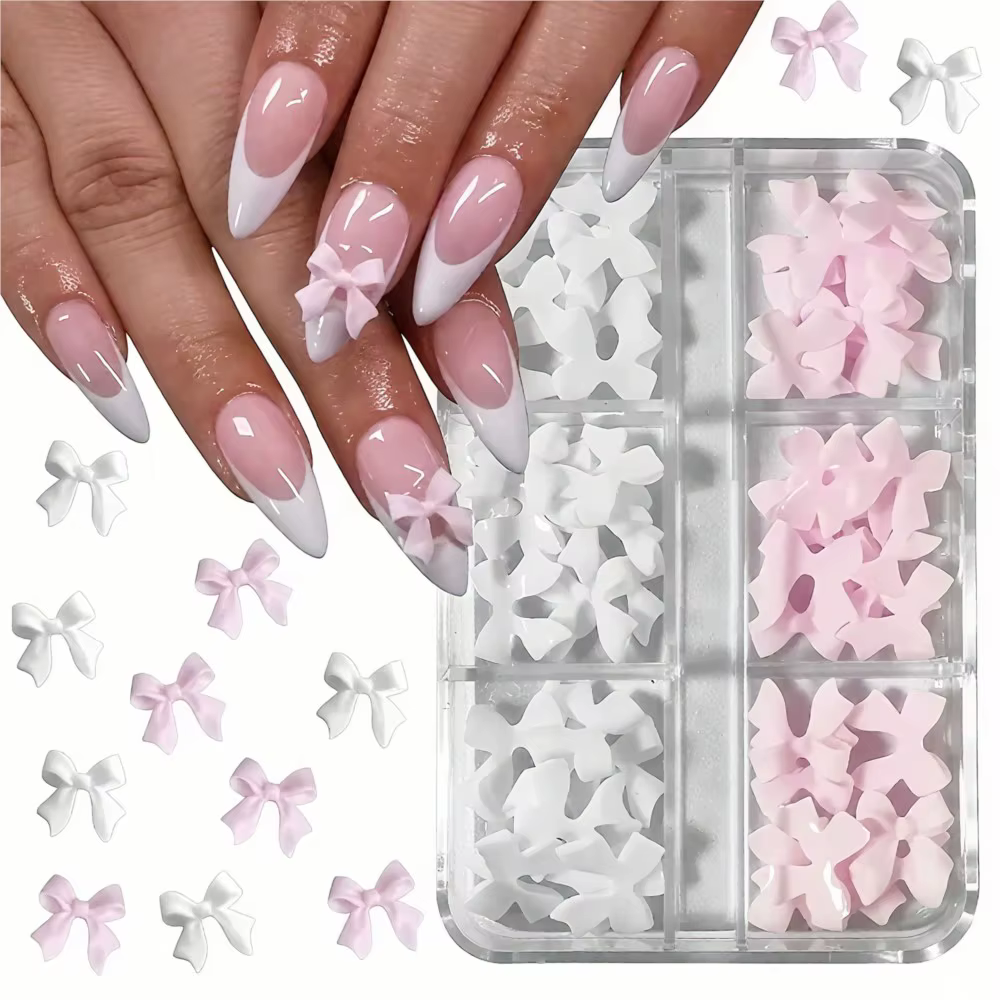 30 pièces/boîte 3D blanc et rose arcs Nail Art breloques 6gird mignon nœuds papillon ruban ongles st