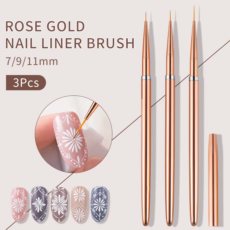 Ensemble de pinceaux de peinture pour nail art, outils de manucure, couleur or rose, 7/9/11mm, 3 piè