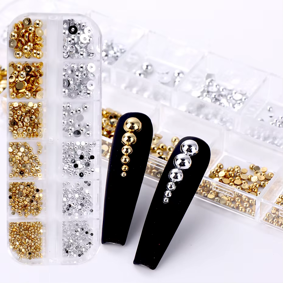 12 grilles de couleurs mélangées or argent plat demi-rond perle ongles pièces Flatback ornement 3D m