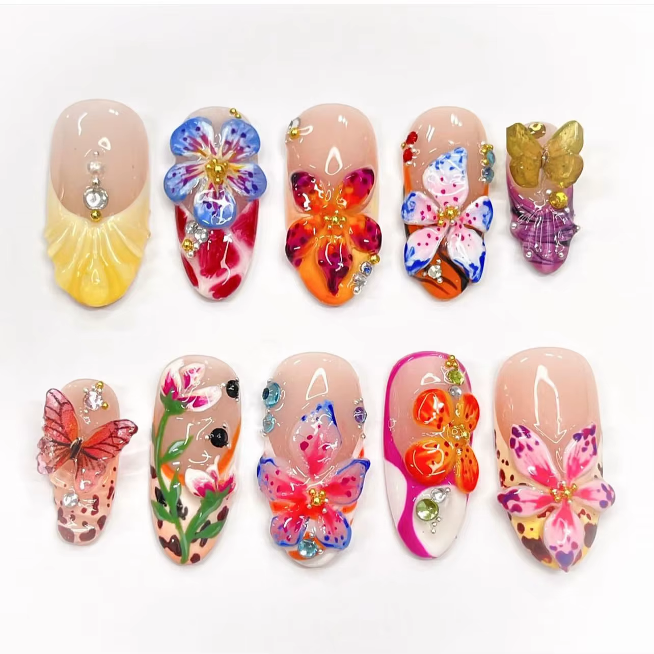 24 pièces fleur tropicale presse sur ongles coloré français 3D cristal papillon coquilles motif impr