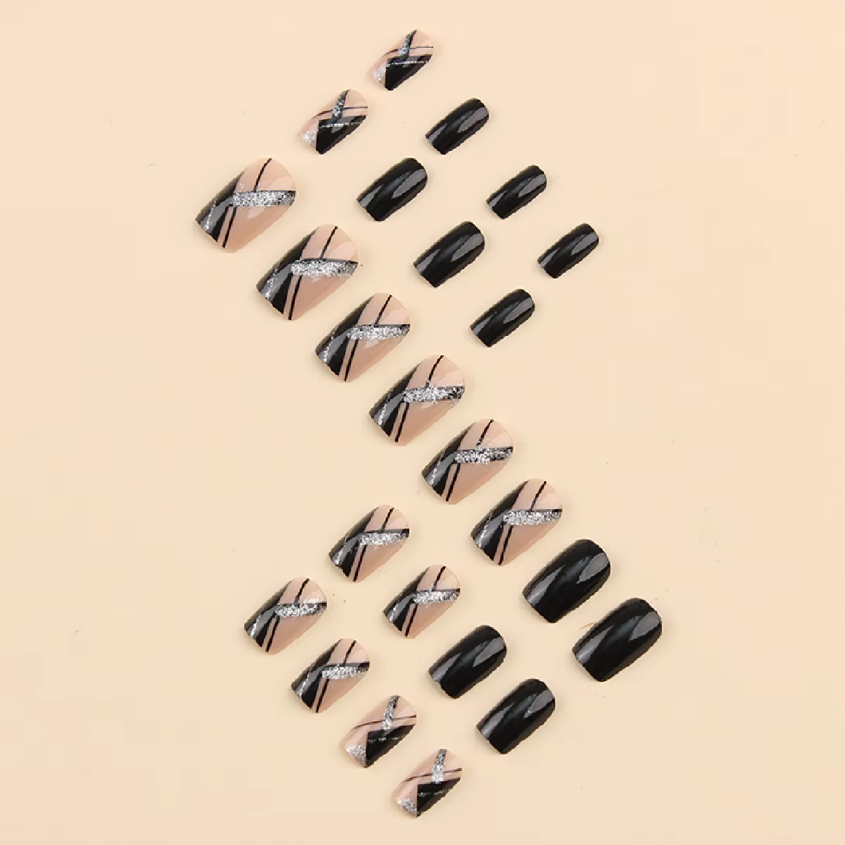 24 pièces carré noir couverture courte presse sur ongles argent rayure faux ongles réutilisable faux