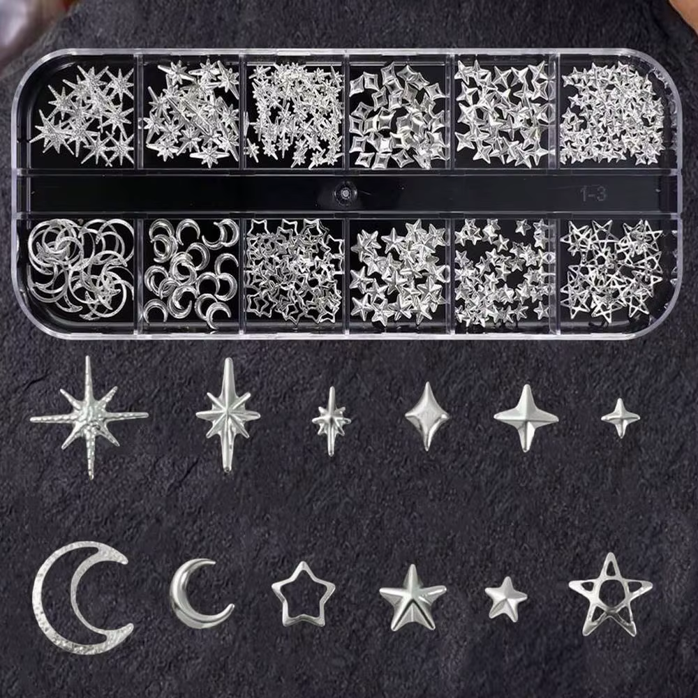 12 grilles de breloques et clous à ongles 3D argentés, motifs cœur, nœud, papillon, étoile, lune, st