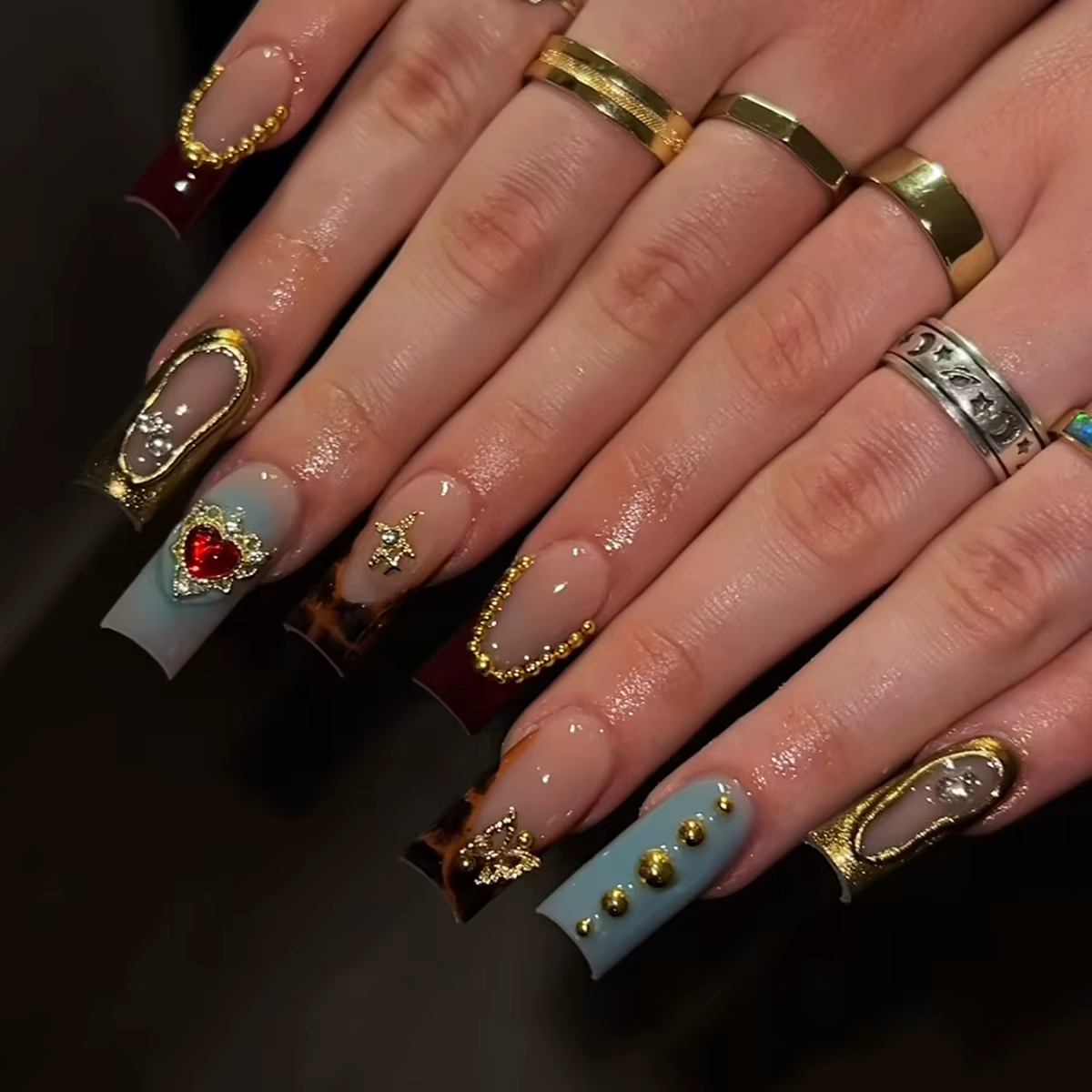 Faux ongles français Sweet Cool Spice Girl souhaits on N64.Black, N64.Y2k, étoile, paillettes, diama