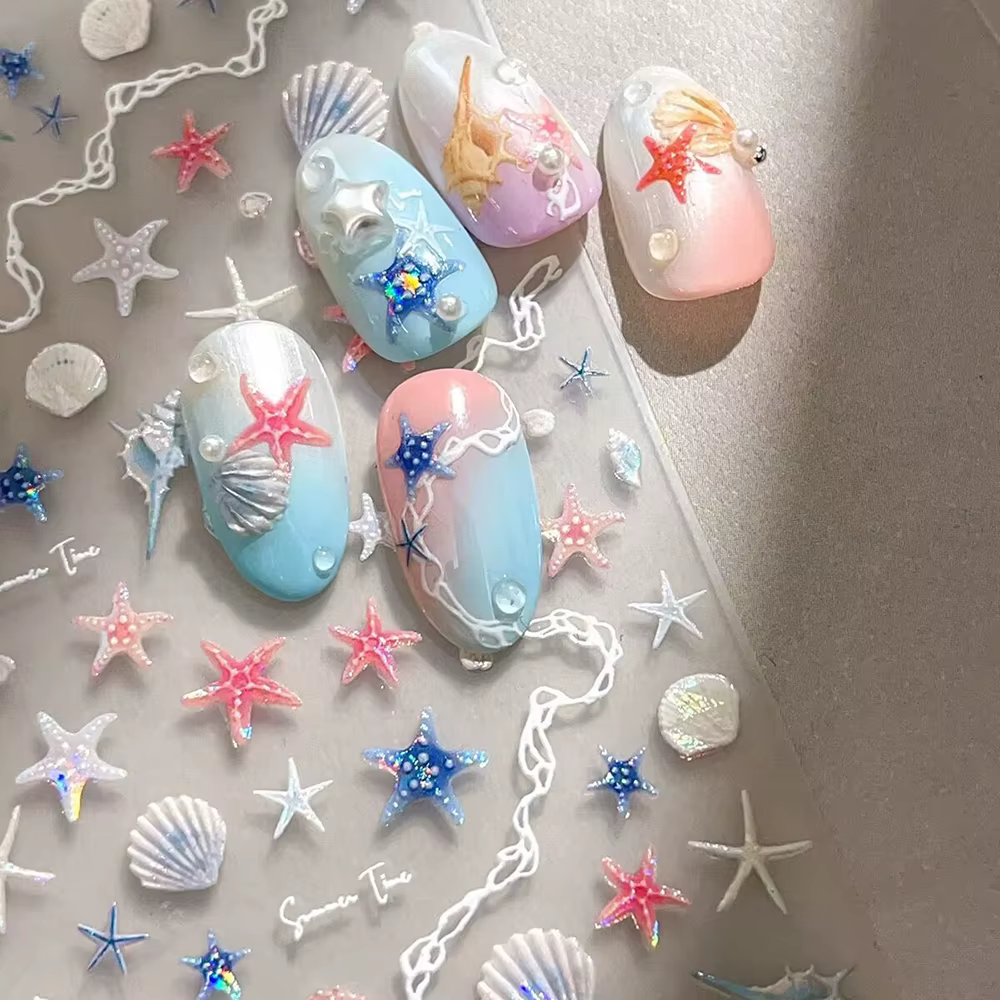 Autocollants pour ongles thème mer d'été, coquilles brillantes, étoile de mer, sirène, conque, plage