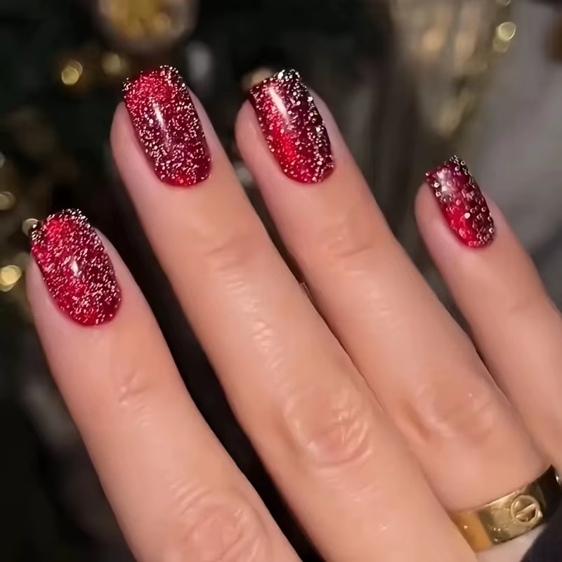 Faux ongles mi-longs pour femmes et filles, pointes d'ongles rouges scintillantes pour la fête du No