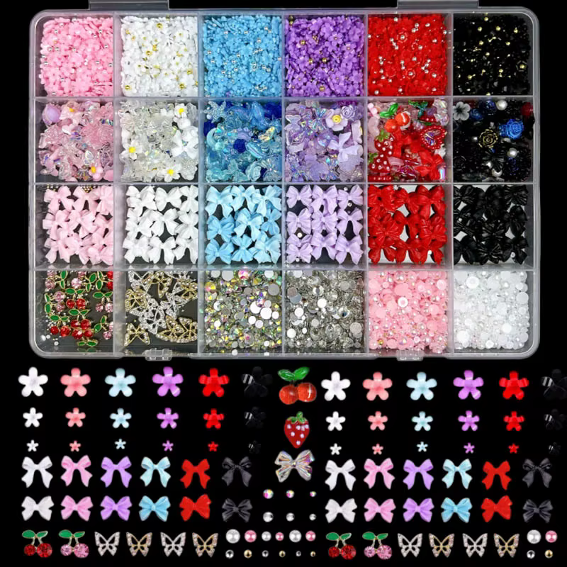 Ensemble de breloques pour Nail Art, bricolage, avec rubans, nœuds, fleurs, cerise, fraise et papill